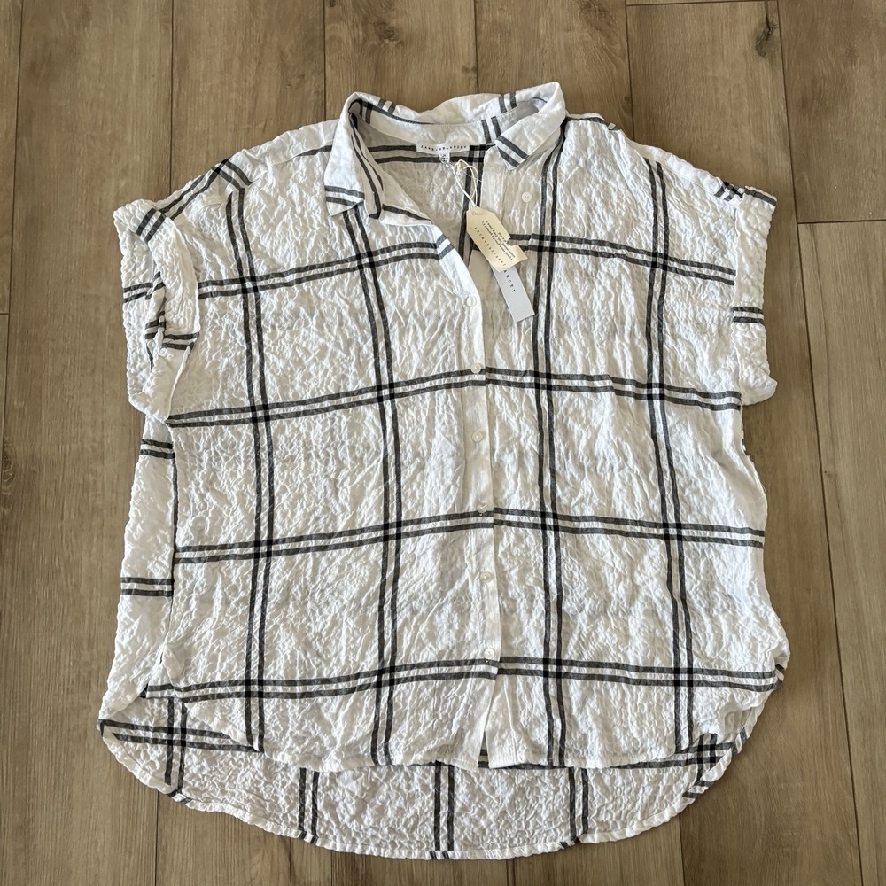 NEW Jane + Delancey Womens Plus 2X‎ Oversized Windowpane Plaid Seersucker Shirt